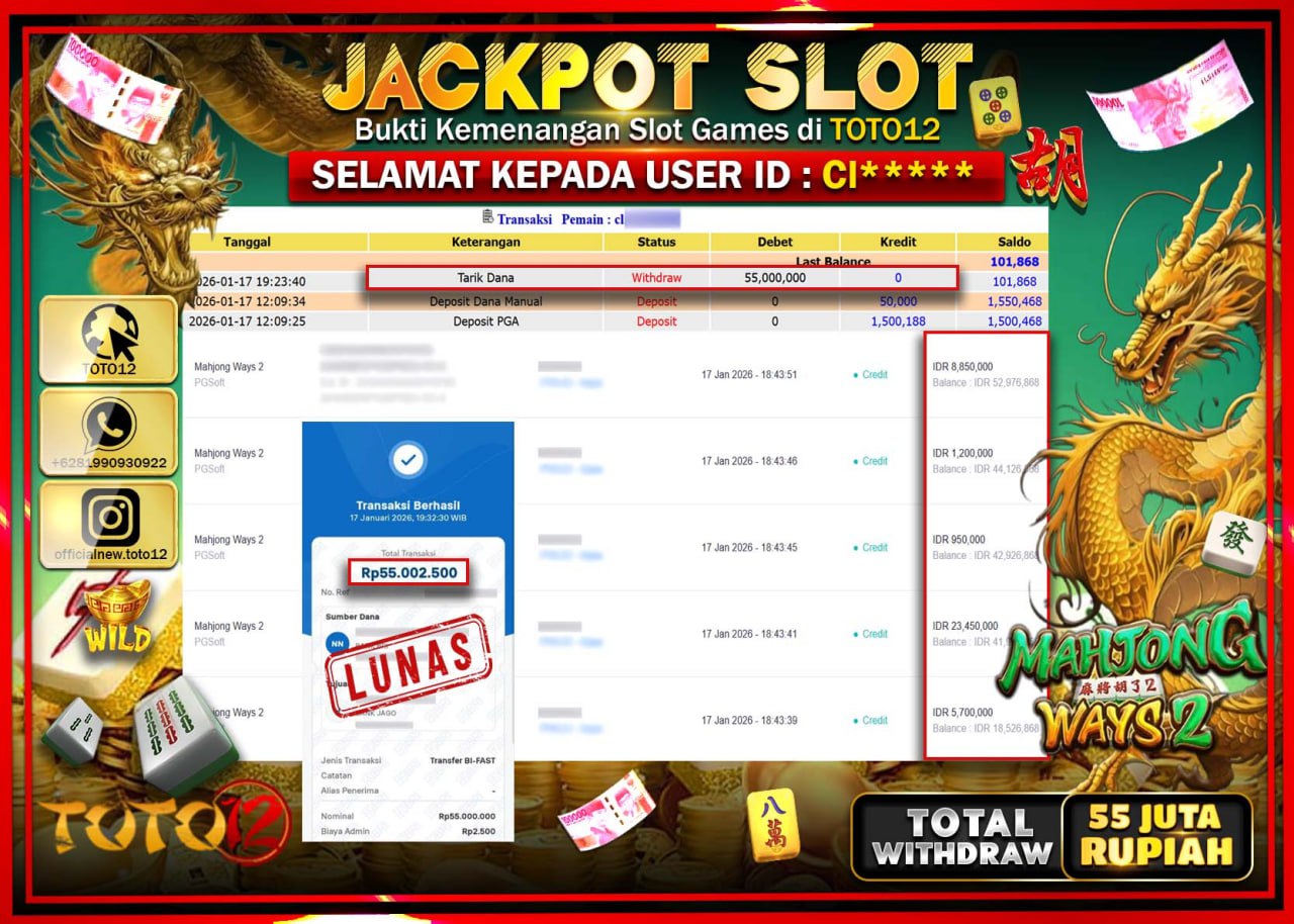 HANYA DI TOTO12 JP PASTI DI BAYAR LUNAS DAN CEPAT!!!!!! JACKPOT SLOT GAME (MAHJONG WAYS 2) Rp.55.000.000 !!!!
