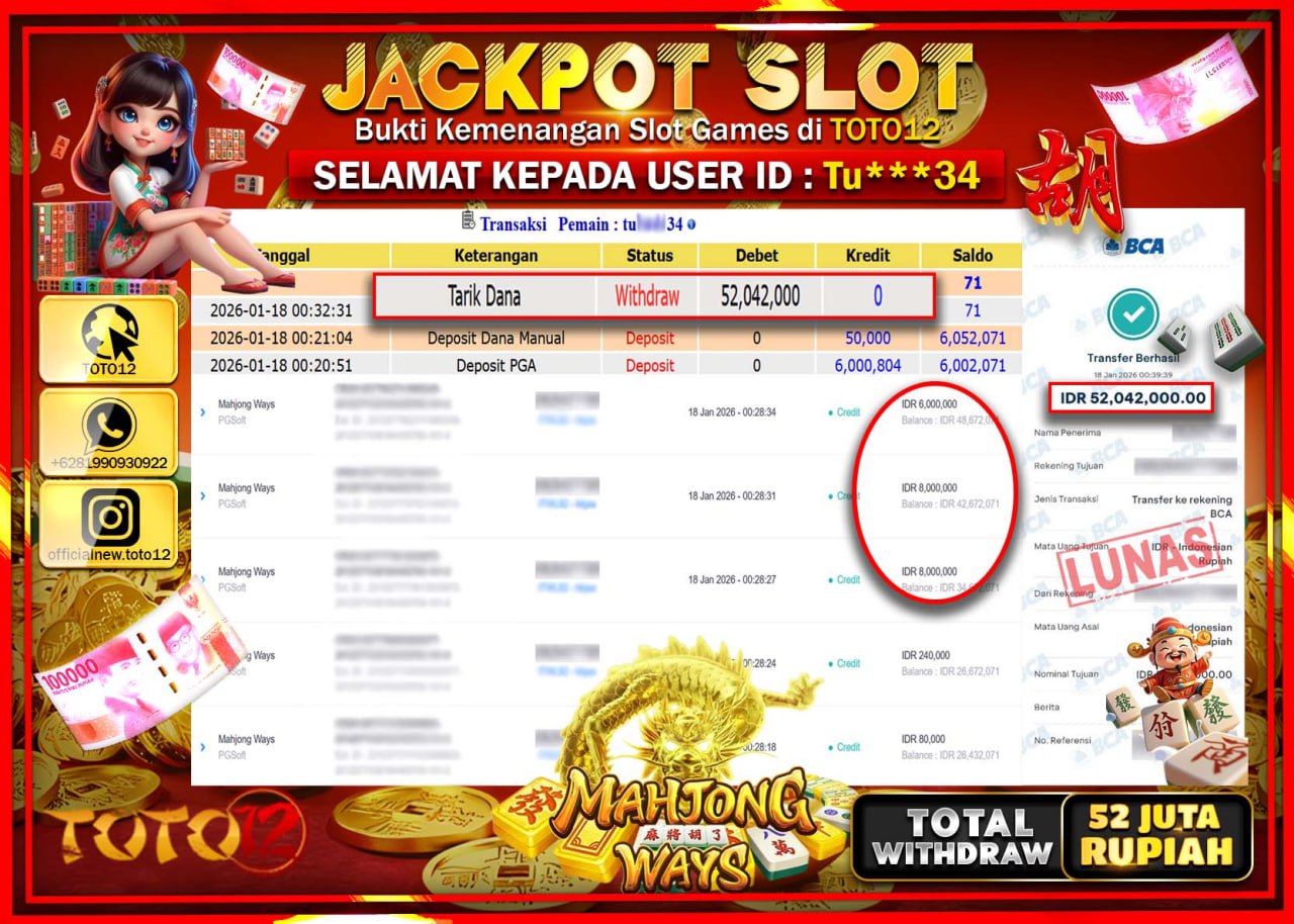 HANYA DI TOTO12 JP PASTI DI BAYAR LUNAS DAN CEPAT!!!!!! JACKPOT SLOT GAME (MAHJONG WAYS) Rp.52.042.000 !!!!