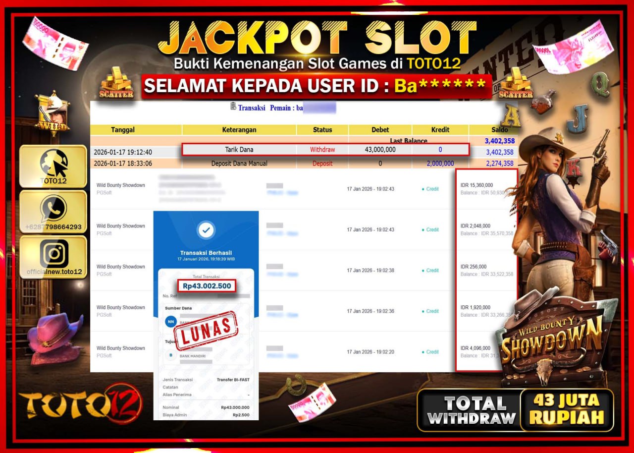 HANYA DI TOTO12 JP PASTI DI BAYAR LUNAS DAN CEPAT!!!!!! JACKPOT SLOT GAME (WILD BOUNTY SHOWDOWN) Rp.43.000.000 !!!!