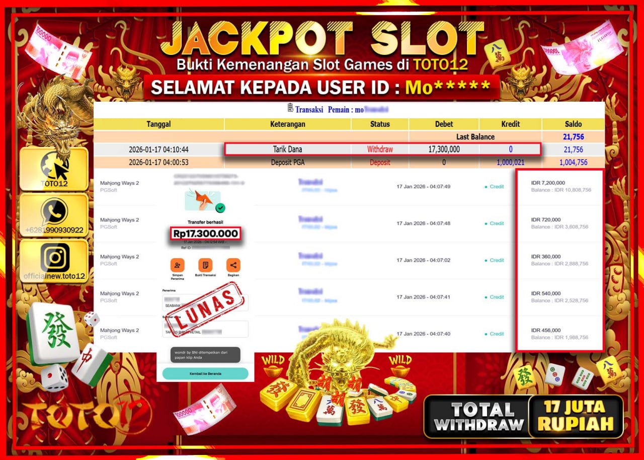 HANYA DI TOTO12 JP PASTI DI BAYAR LUNAS DAN CEPAT!!!!!! JACKPOT SLOT GAME (MAHJONG WAYS 2) Rp.17.300.000 !!!!