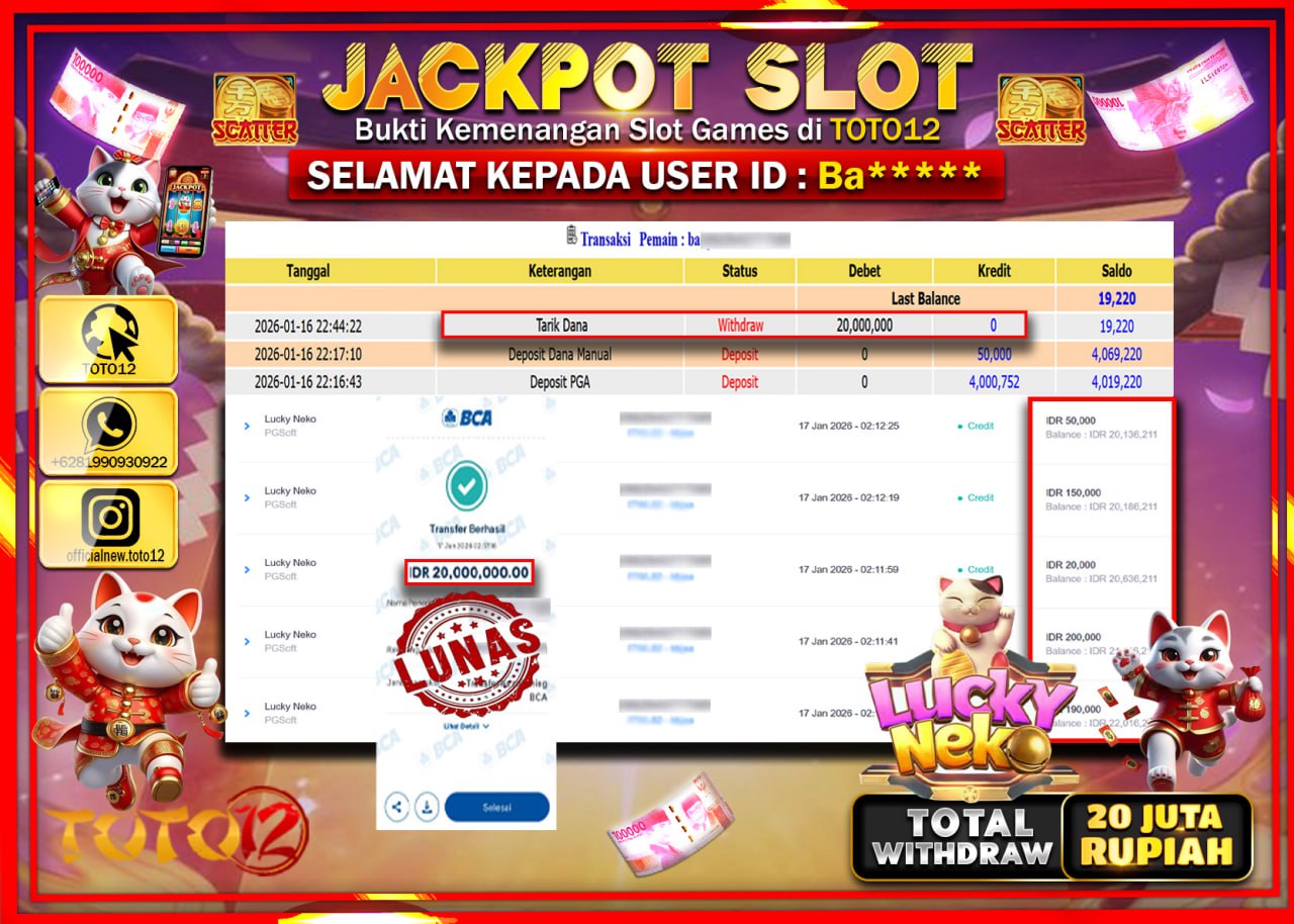 HANYA DI TOTO12 JP PASTI DI BAYAR LUNAS DAN CEPAT!!!!!! JACKPOT SLOT GAME (LUCKY NEKO) Rp.20.000.000 !!!!