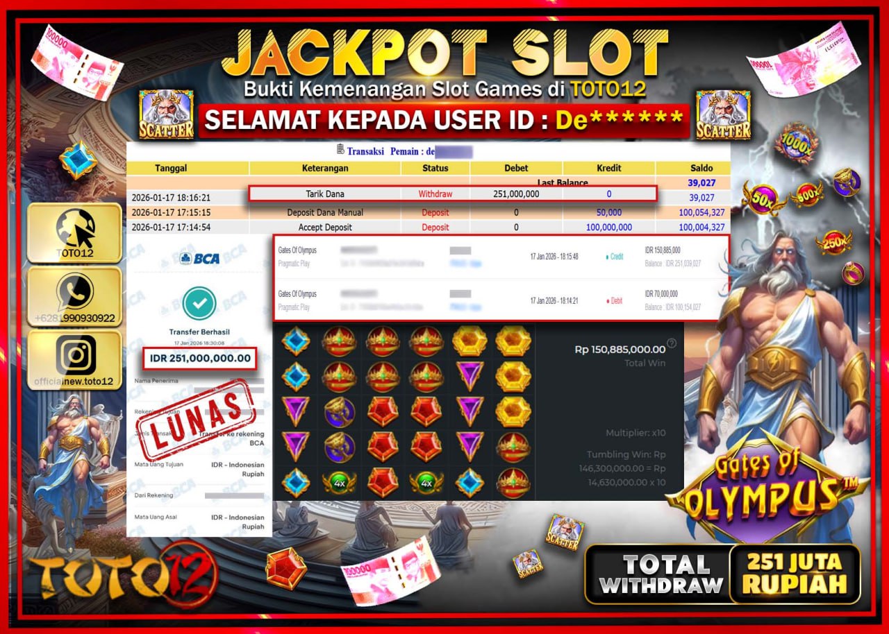 HANYA DI TOTO12 JP PASTI DI BAYAR LUNAS DAN CEPAT!!!!!! JACKPOT SLOT GAME (GATES OF OLYMPUS) Rp.251.000.000 !!!!