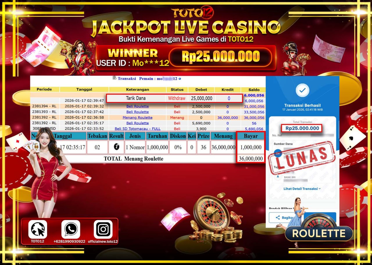 HANYA DI TOTO12 JP PASTI DI BAYAR LUNAS DAN CEPAT!!!!!! JACKPOT LIVE CASINO (ROULETTE) Rp.25.000.000 !!!!