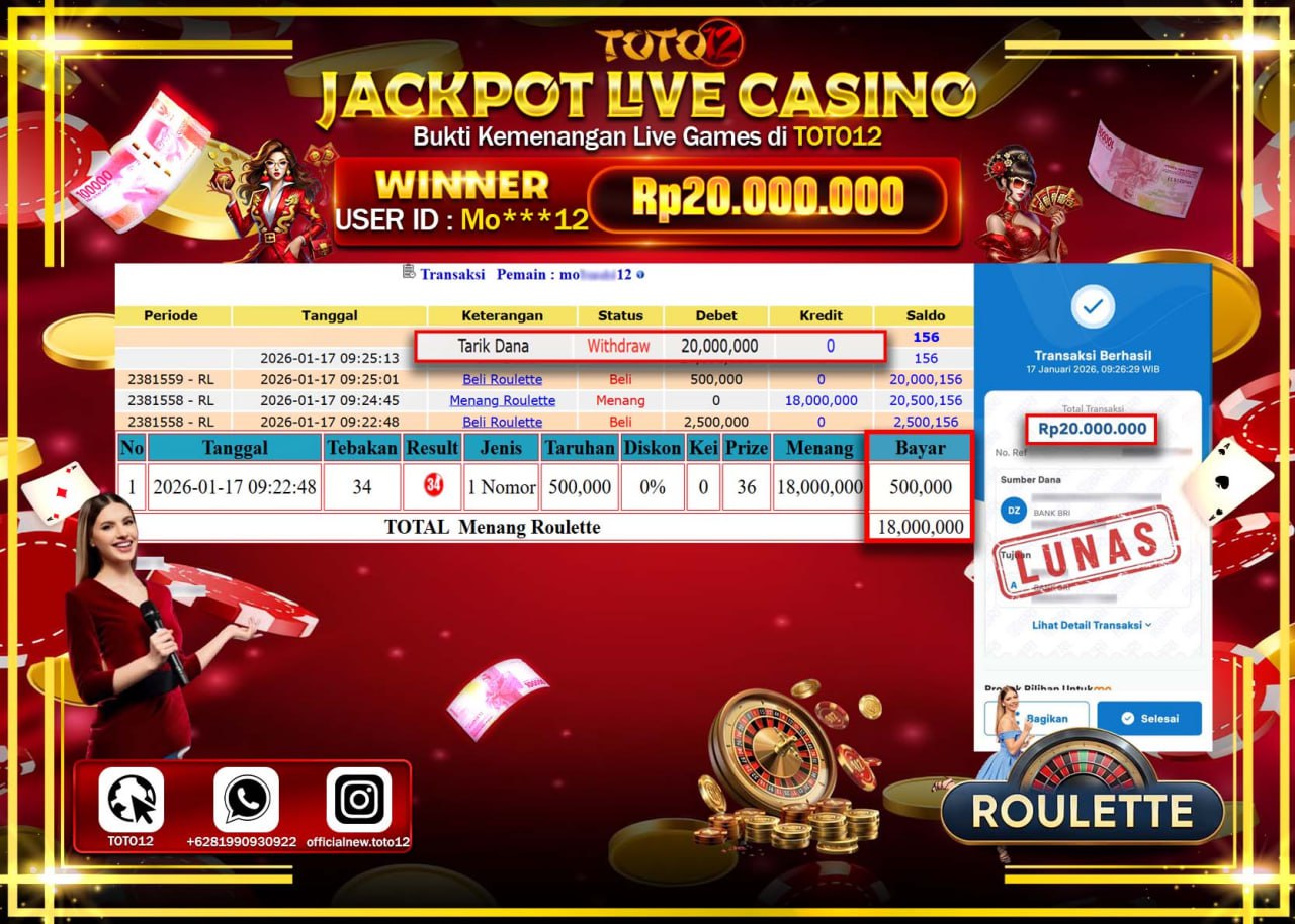 HANYA DI TOTO12 JP PASTI DI BAYAR LUNAS DAN CEPAT!!!!!! JACKPOT LIVE CASINO (ROULETTE) Rp.20.000.000 !!!!