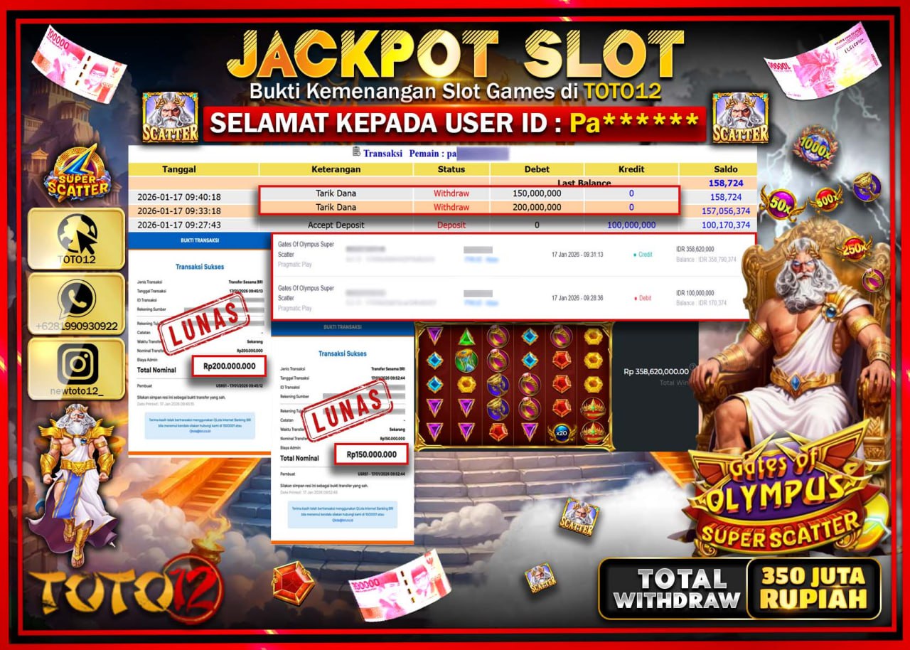 HANYA DI TOTO12 JP PASTI DI BAYAR LUNAS DAN CEPAT!!!!!! JACKPOT SLOT GAME (GATES OF OLYMPUS SUPER SCATTER) Rp.350.000.000 !!!!