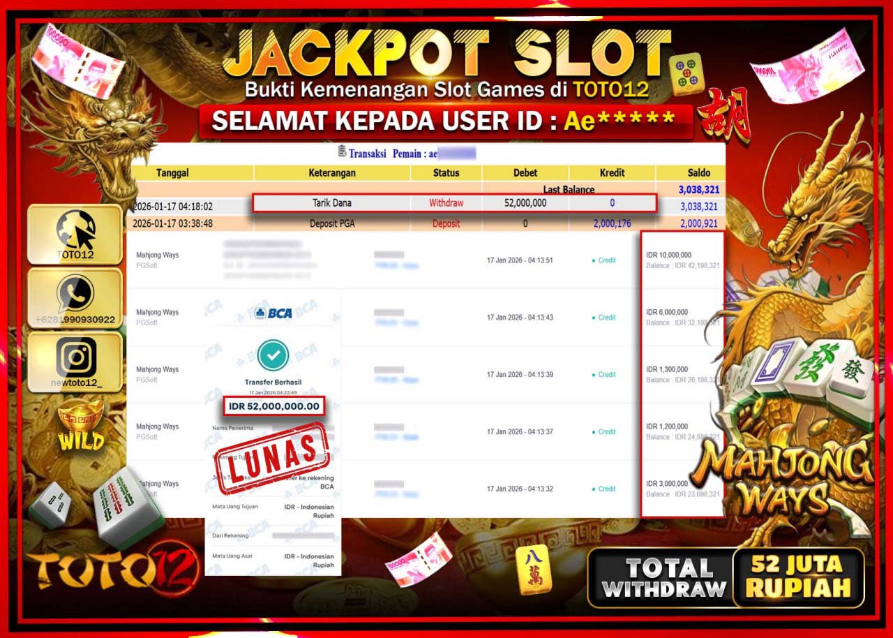 HANYA DI TOTO12 JP PASTI DI BAYAR LUNAS DAN CEPAT!!!!!! JACKPOT SLOT GAME (MAHJONG WAYS) Rp.52.000.000 !!!!