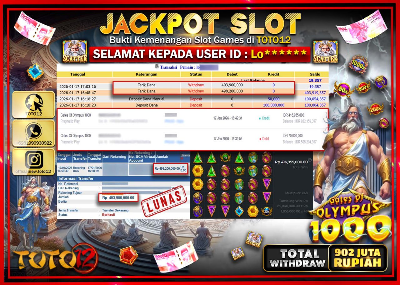 HANYA DI TOTO12 JP PASTI DI BAYAR LUNAS DAN CEPAT!!!!!! JACKPOT SLOT GAME (GATES OF OLYMPUS 1000) Rp.902.000.000 !!!!