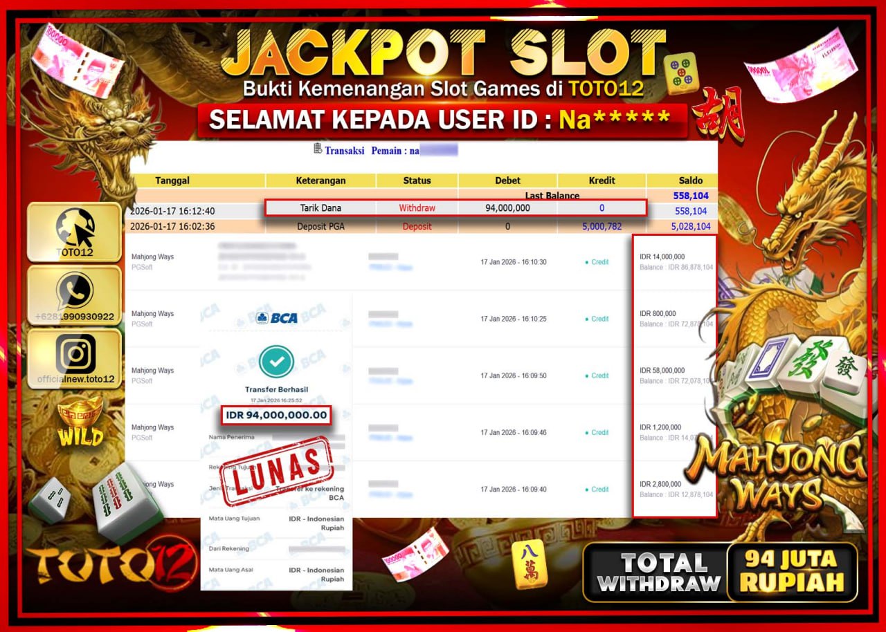 HANYA DI TOTO12 JP PASTI DI BAYAR LUNAS DAN CEPAT!!!!!! JACKPOT SLOT GAME (MAHJONG WAYS) Rp.94.000.000 !!!!