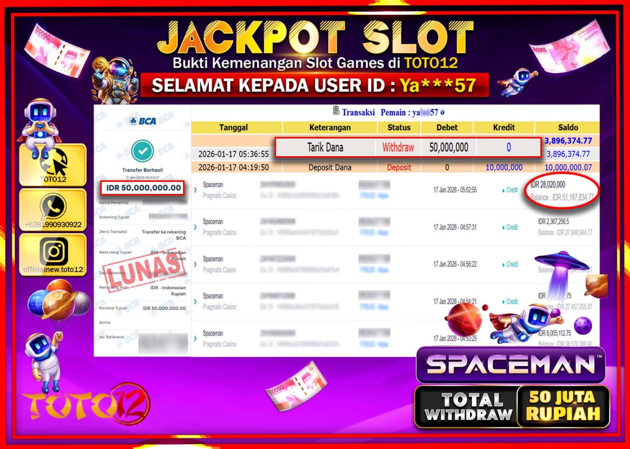 HANYA DI TOTO12 JP PASTI DI BAYAR LUNAS DAN CEPAT!!!!!! JACKPOT SLOT GAME (SPACEMAN) Rp.50.000.000 !!!!