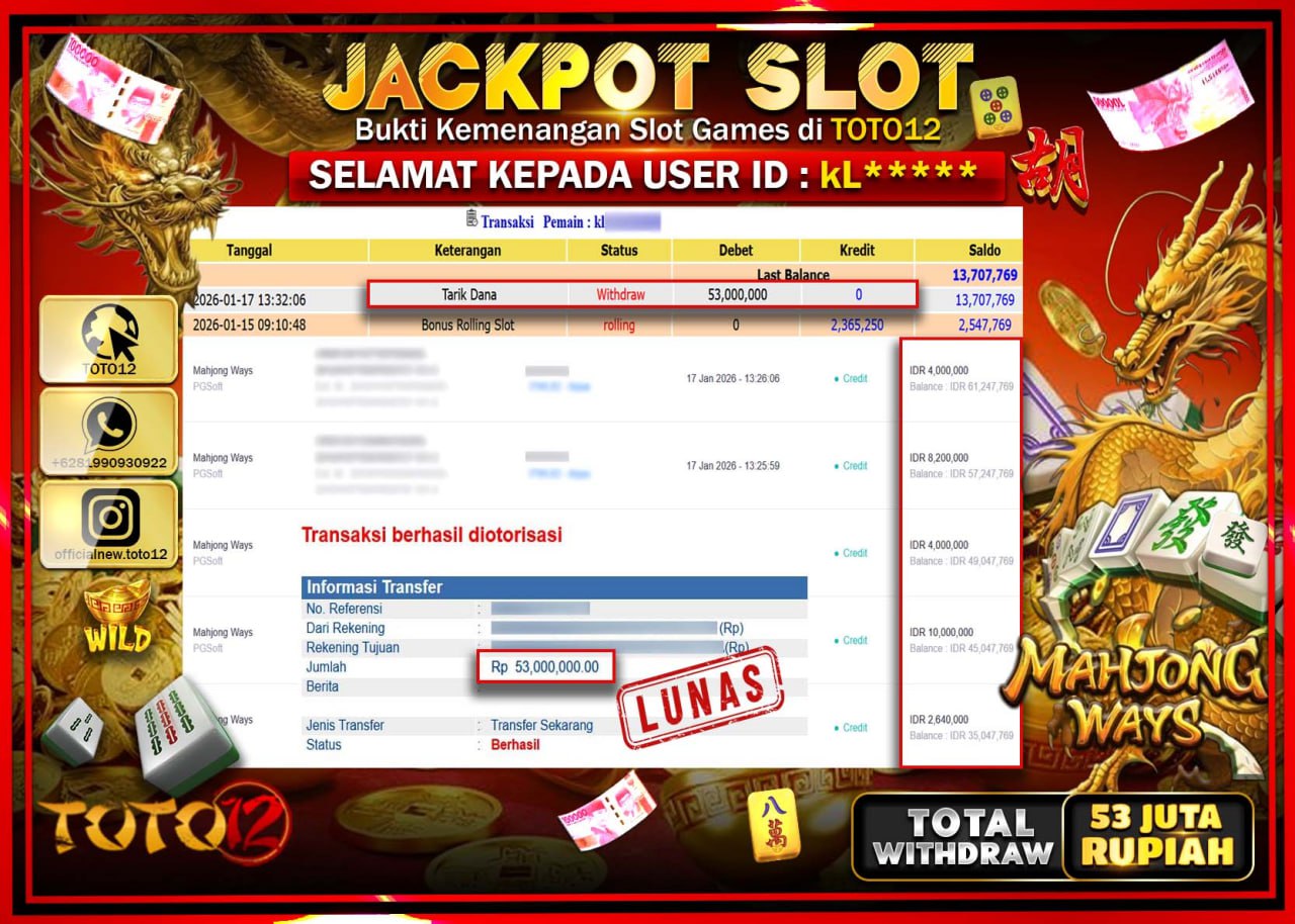 HANYA DI TOTO12 JP PASTI DI BAYAR LUNAS DAN CEPAT!!!!!! JACKPOT SLOT GAME (MAHJONG WAYS) Rp.53.000.000 !!!!