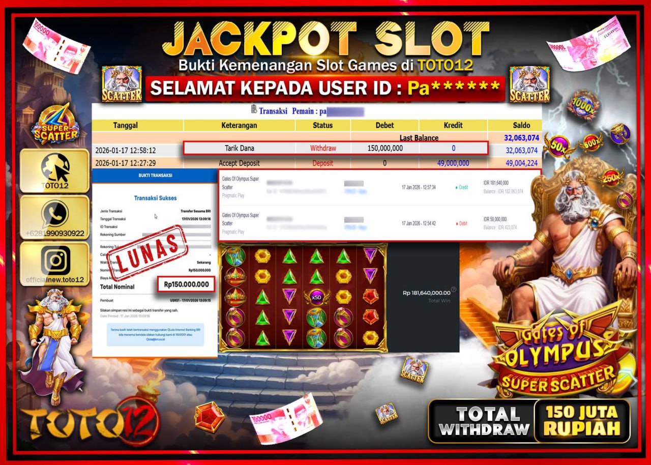 HANYA DI TOTO12 JP PASTI DI BAYAR LUNAS DAN CEPAT!!!!!! JACKPOT SLOT GAME (GATES OF OLYMPUS SUPER SCATTER) Rp.150.000.000 !!!!