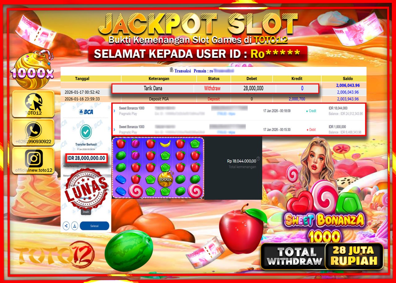 HANYA DI TOTO12 JP PASTI DI BAYAR LUNAS DAN CEPAT!!!!!! JACKPOT SLOT GAME (SWEET BONANZA 1000) Rp.28.000.000 !!!!