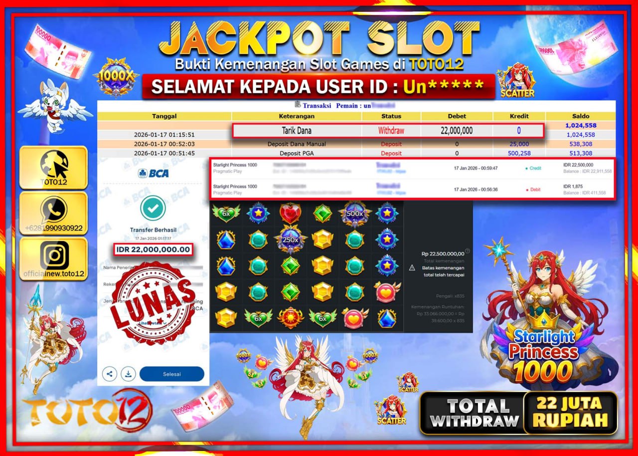 HANYA DI TOTO12 JP PASTI DI BAYAR LUNAS DAN CEPAT!!!!!! JACKPOT SLOT GAME (STARLIGHT PRINCESS 1000) Rp.22.000.000 !!!!