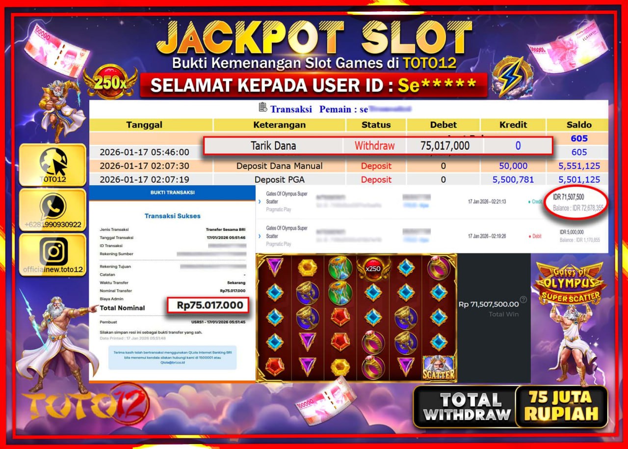 HANYA DI TOTO12 JP PASTI DI BAYAR LUNAS DAN CEPAT!!!!!! JACKPOT SLOT GAME (GATES OF OLYMPUS SUPER SCATTER) Rp.75.017.000 !!!!