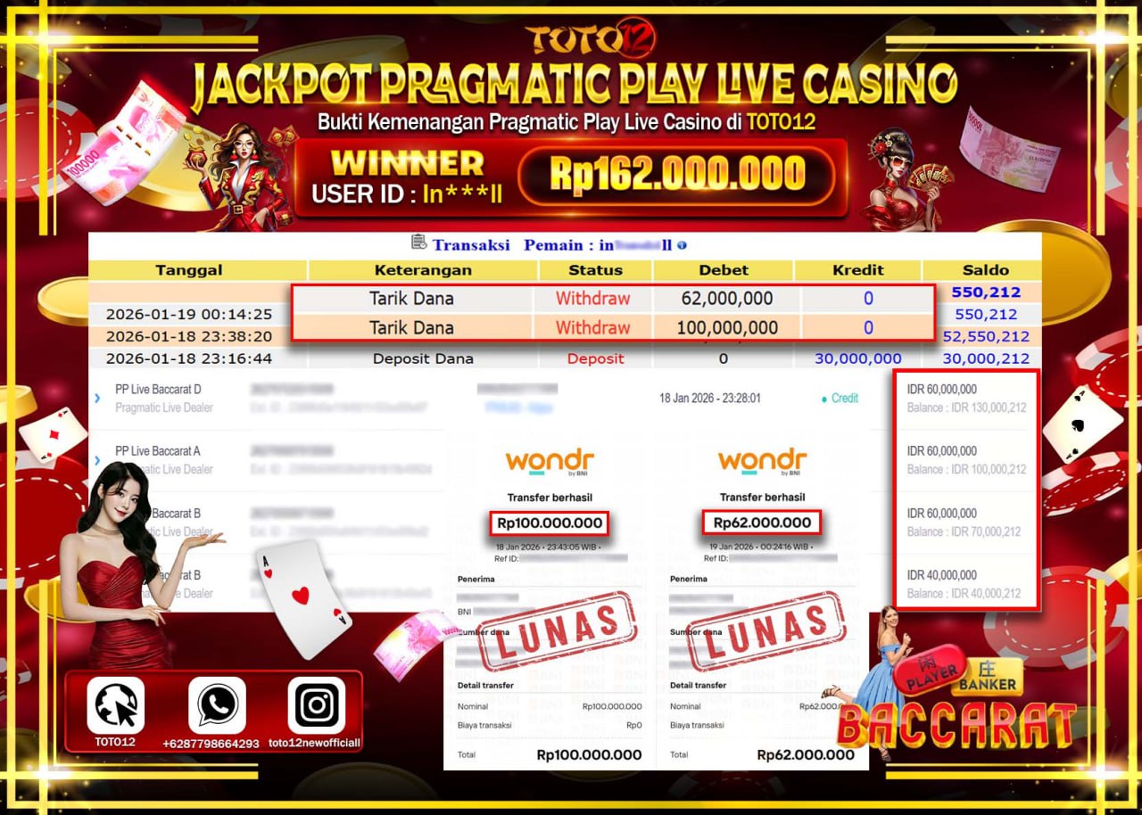 HANYA DI TOTO12 JP PASTI DI BAYAR LUNAS DAN CEPAT!!!!!! JACKPOT PRAGMATIC PLAY LIVE CASINO (LIVE BACCARAT) Rp.162.000.000 !!!!