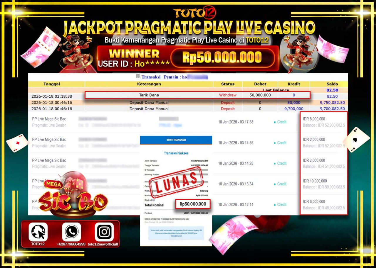 HANYA DI TOTO12 JP PASTI DI BAYAR LUNAS DAN CEPAT!!!!!! JACKPOT PRAGMATIC PLAY LIVE CASINO (MEGA SIC BO) Rp.50.000.000 !!!!