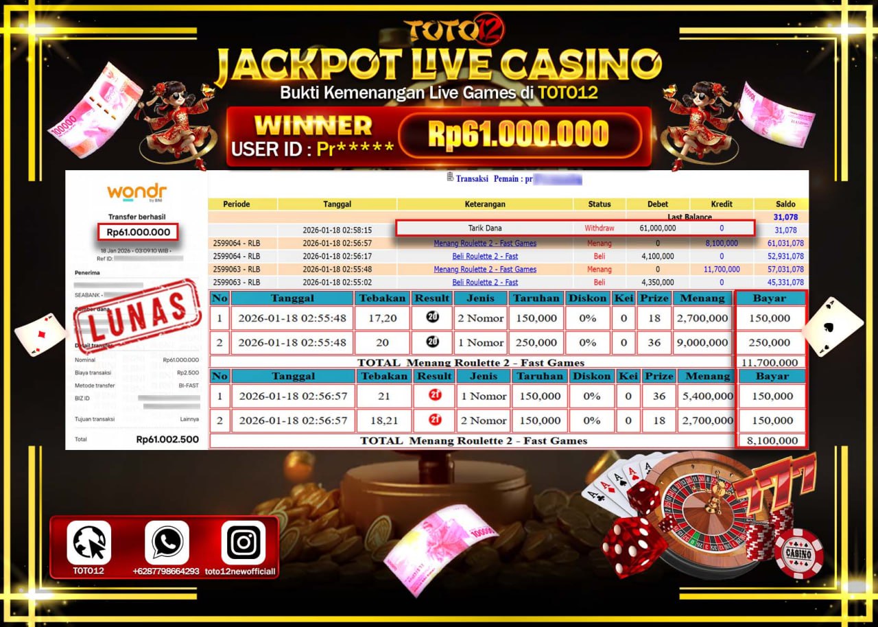 HANYA DI TOTO12 JP PASTI DI BAYAR LUNAS DAN CEPAT!!!!!! JACKPOT LIVE CASINO (ROULETTE 2) Rp.61.000.000 !!!!