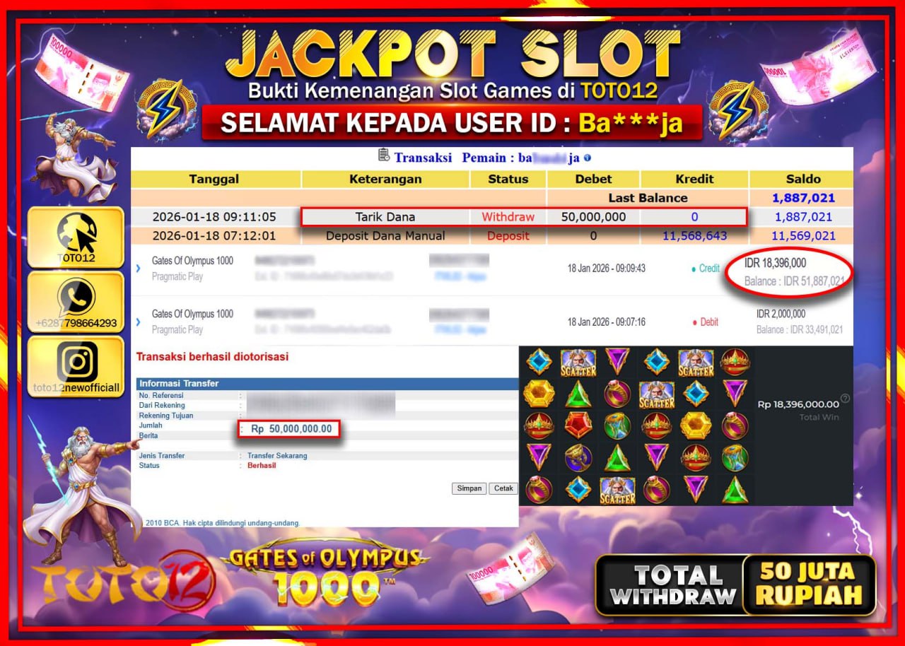 HANYA DI TOTO12 JP PASTI DI BAYAR LUNAS DAN CEPAT!!!!!! JACKPOT SLOT GAME (GATES OF OLYMPUS 1000) Rp.50.000.000 !!!!