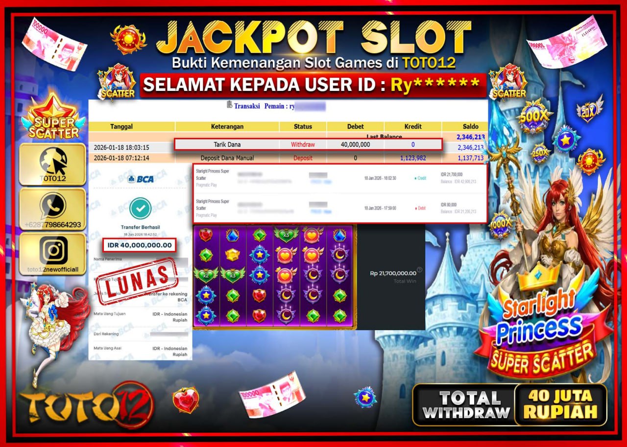 HANYA DI TOTO12 JP PASTI DI BAYAR LUNAS DAN CEPAT!!!!!! JACKPOT SLOT GAME (STARLIGHT PRINCESS SUPER SCATTER) Rp.40.000.000 !!!!