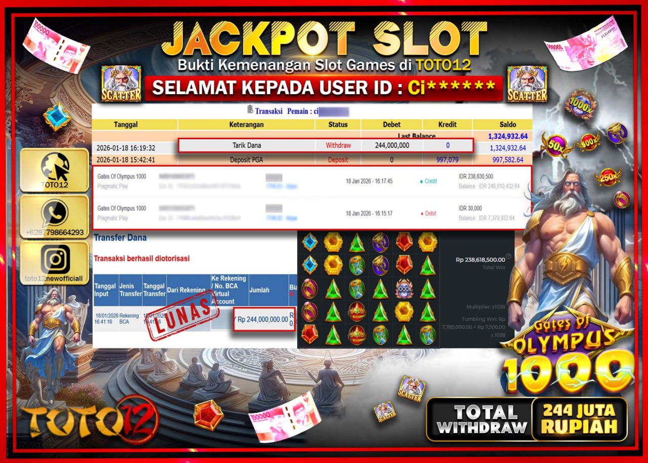 HANYA DI TOTO12 JP PASTI DI BAYAR LUNAS DAN CEPAT!!!!!! JACKPOT SLOT GAME (GATES OF OLYMPUS 1000) Rp.244.000.000 !!!!