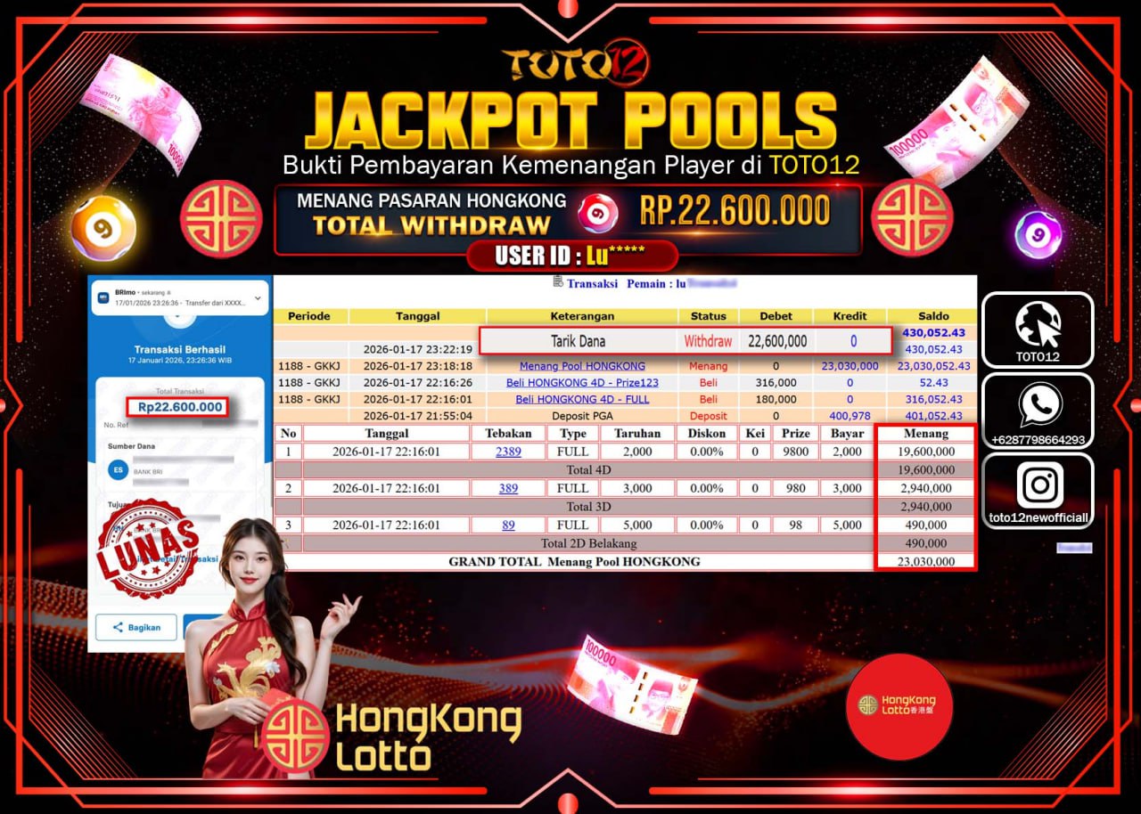 HANYA DI TOTO12 JP PASTI DI BAYAR LUNAS DAN CEPAT!!!!!! JACKPOT POOLS PASARAN (HONGKONG) Rp.22.600.000 !!!!