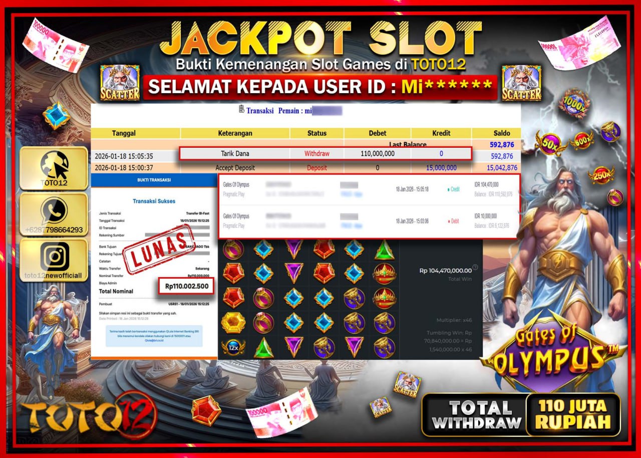 HANYA DI TOTO12 JP PASTI DI BAYAR LUNAS DAN CEPAT!!!!!! JACKPOT SLOT GAME (GATES OF OLYMPUS) Rp.110.000.000 !!!!
