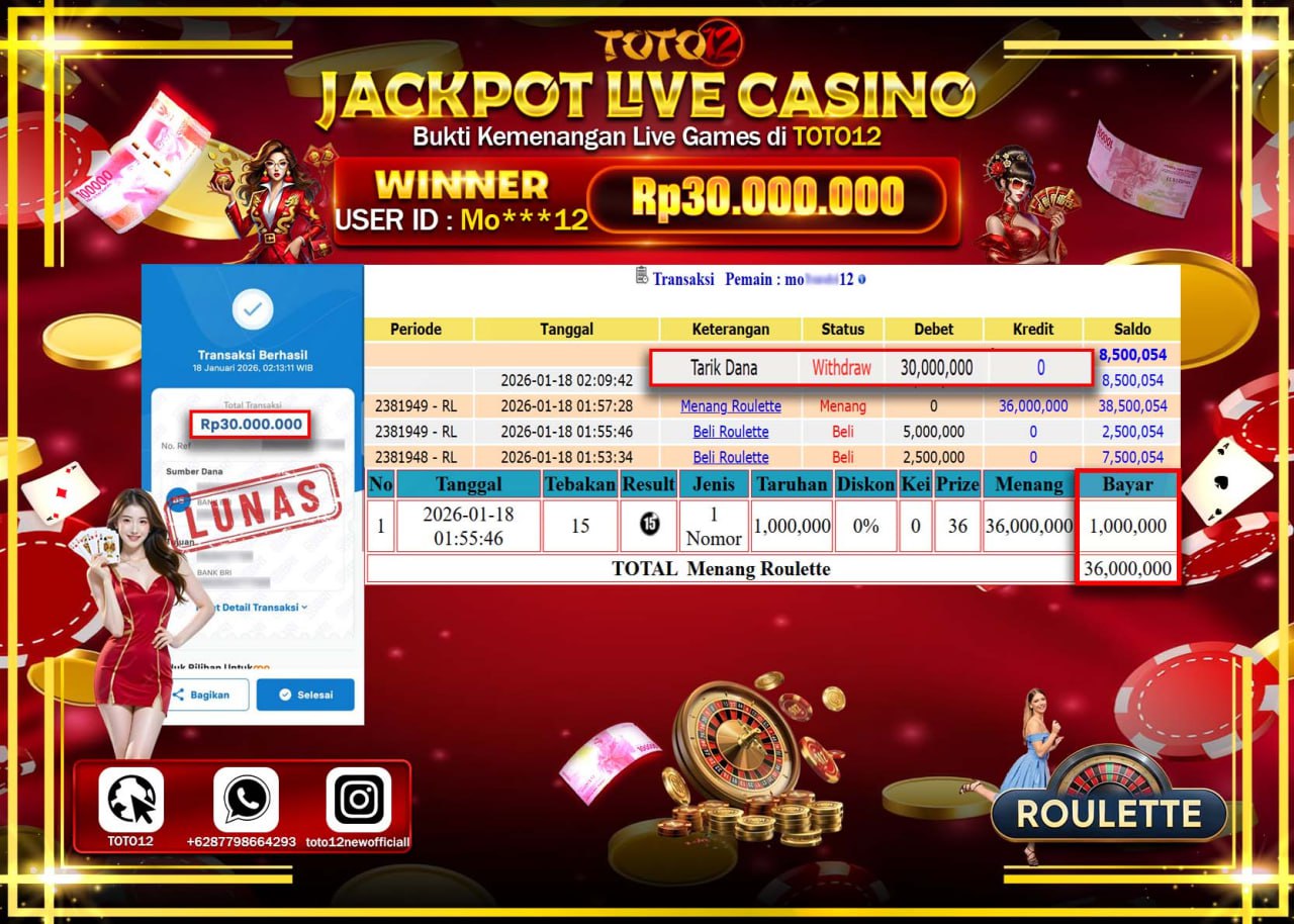 HANYA DI TOTO12 JP PASTI DI BAYAR LUNAS DAN CEPAT!!!!!! JACKPOT LIVE CASINO (ROULETTE) Rp.30.000.000 !!!!