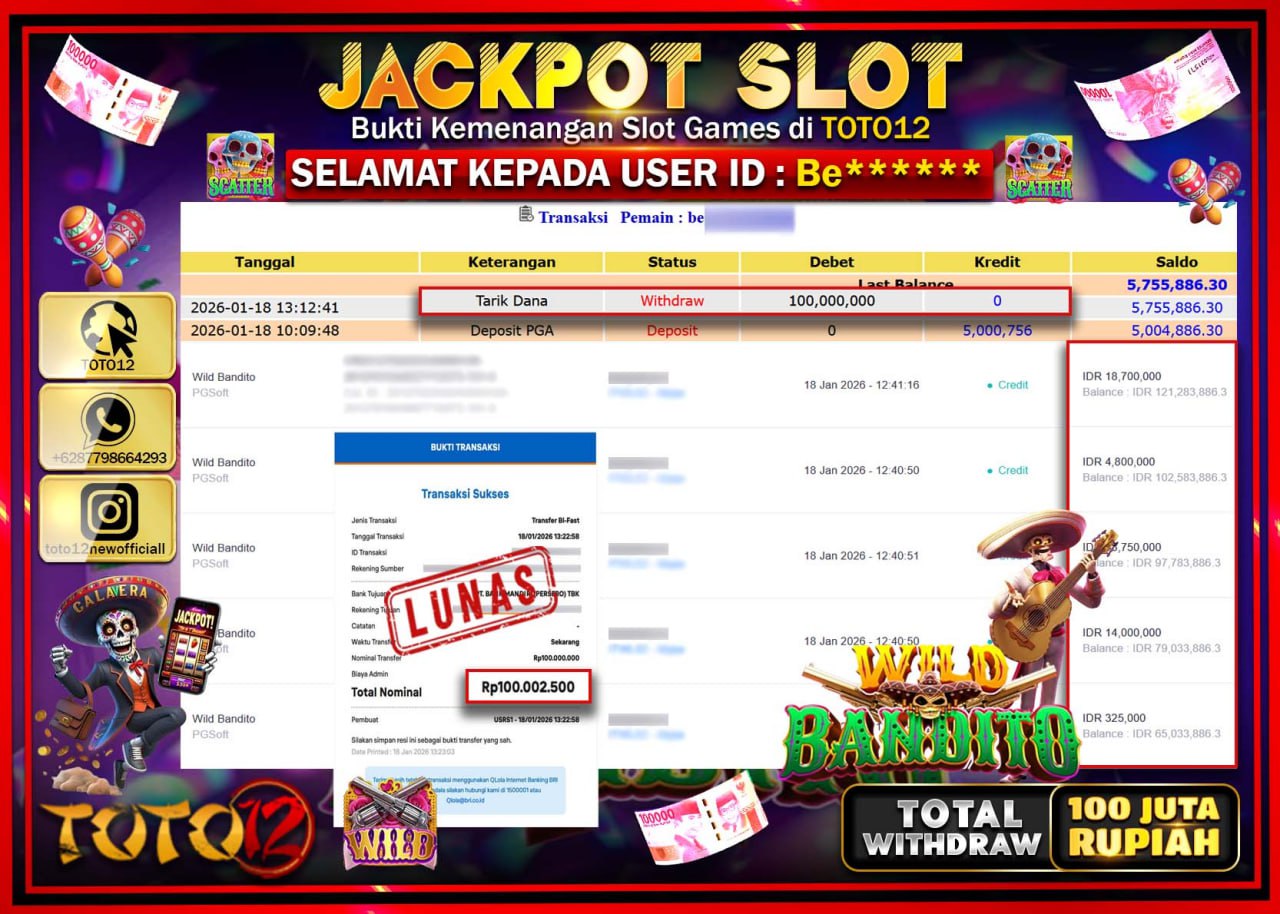 HANYA DI TOTO12 JP PASTI DI BAYAR LUNAS DAN CEPAT!!!!!! JACKPOT SLOT GAME (WILD BANDITO) Rp.100.000.000 !!!!