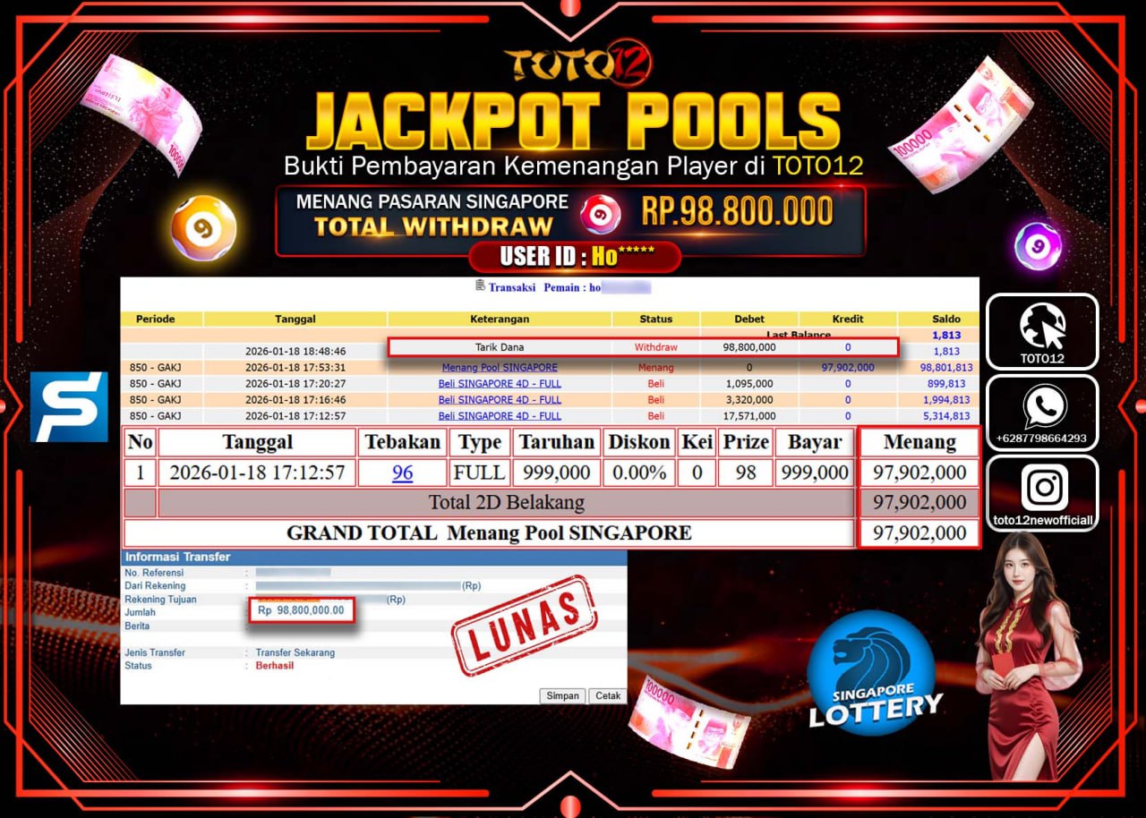 HANYA DI TOTO12 JP PASTI DI BAYAR LUNAS DAN CEPAT!!!!!! JACKPOT POOLS PASARAN (SINGAPORE) Rp.98.800.000 !!!!