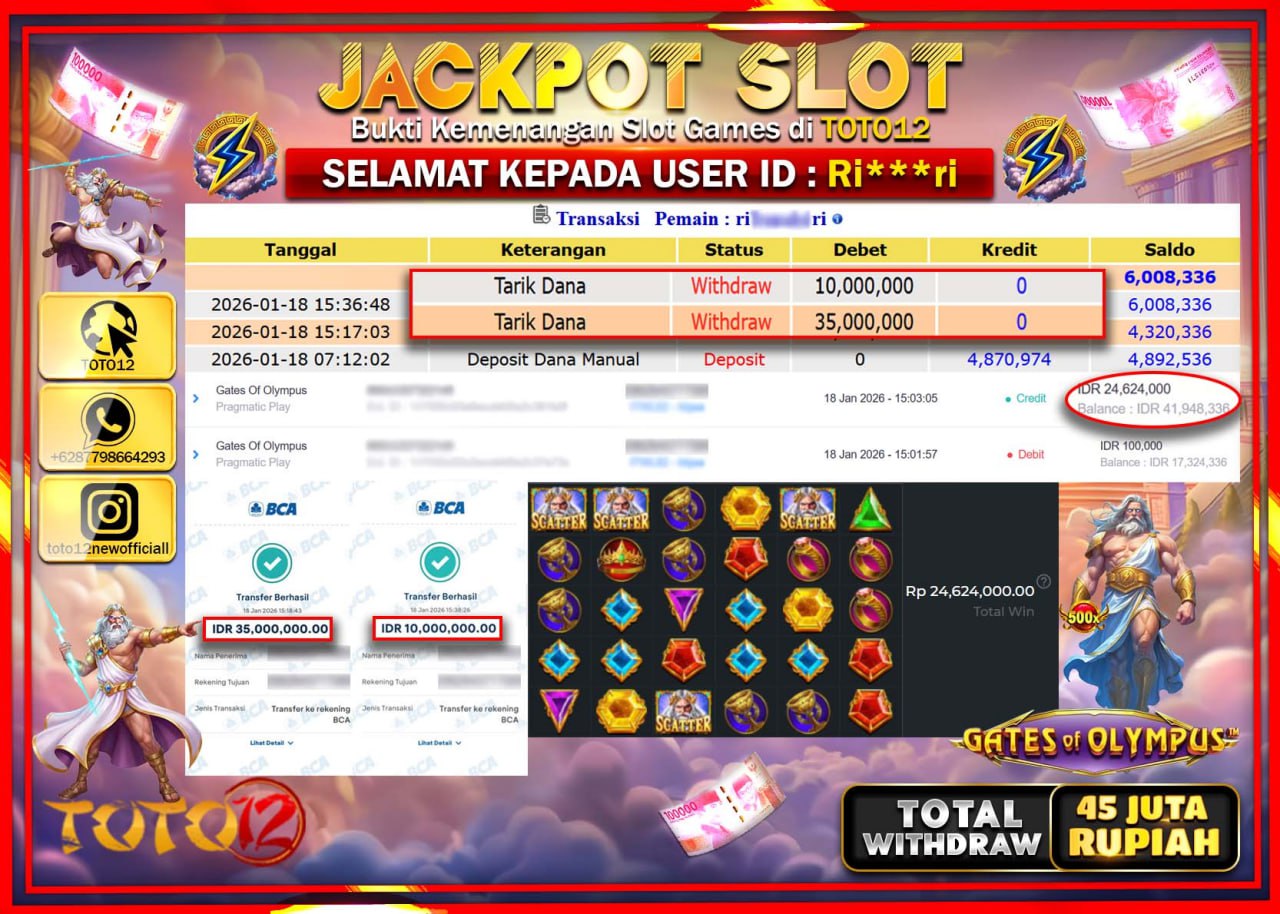 HANYA DI TOTO12 JP PASTI DI BAYAR LUNAS DAN CEPAT!!!!!! JACKPOT SLOT GAME (GATES OF OLYMPUS) Rp.45.000.000 !!!!