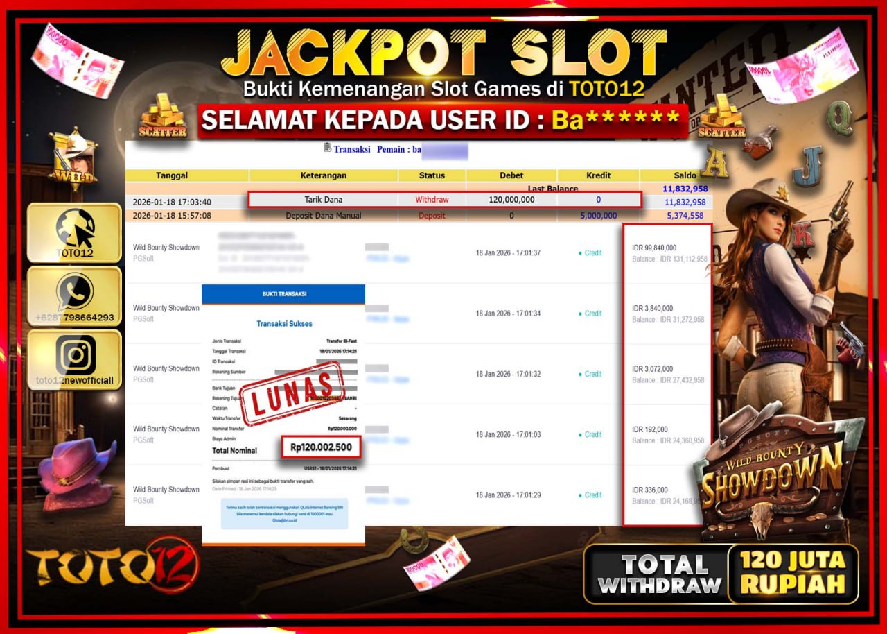 HANYA DI TOTO12 JP PASTI DI BAYAR LUNAS DAN CEPAT!!!!!! JACKPOT SLOT GAME (WILD BOUNTY SHOWDOWN) Rp.120.000.000 !!!!