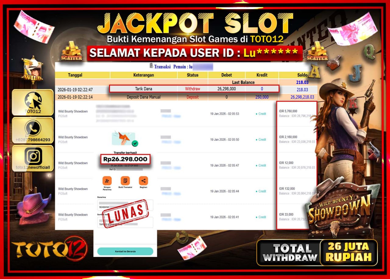 HANYA DI TOTO12 JP PASTI DI BAYAR LUNAS DAN CEPAT!!!!!! JACKPOT SLOT GAME (WILD BOUNTY SHOWDOWN) Rp.26.298.000 !!!!