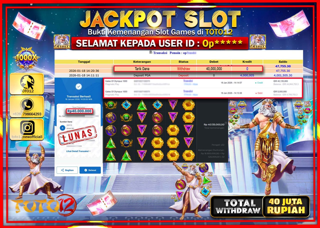 HANYA DI TOTO12 JP PASTI DI BAYAR LUNAS DAN CEPAT!!!!!! JACKPOT SLOT GAME (GATES OF OLYMPUS 1000) Rp.40.000.000 !!!!