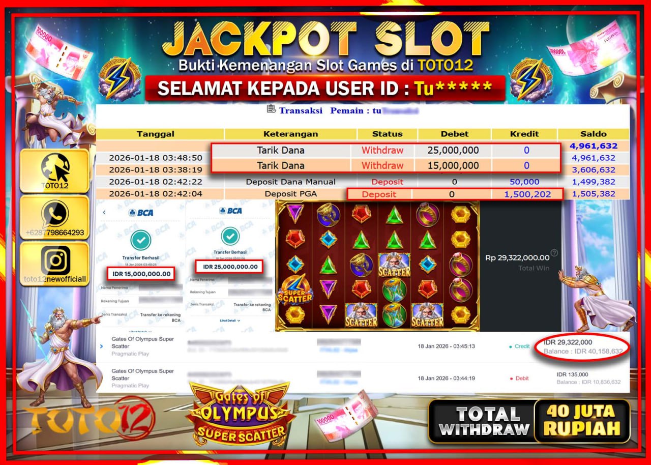 HANYA DI TOTO12 JP PASTI DI BAYAR LUNAS DAN CEPAT!!!!!! JACKPOT SLOT GAME (GATES OF OLYMPUS SUPER SCATTER) Rp.40.000.000 !!!!