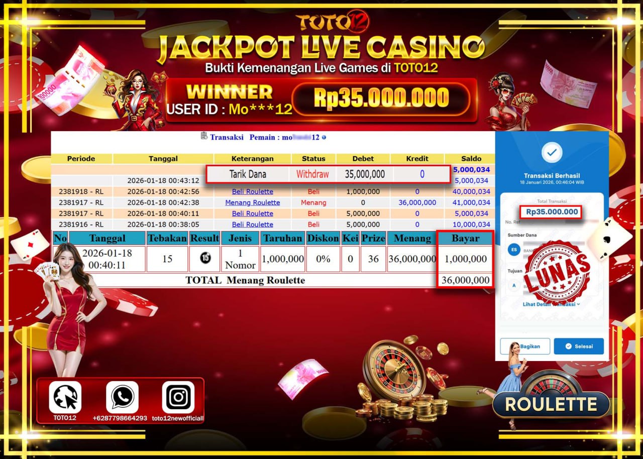 HANYA DI TOTO12 JP PASTI DI BAYAR LUNAS DAN CEPAT!!!!!! JACKPOT LIVE CASINO (ROULETTE) Rp.35.000.000 !!!!