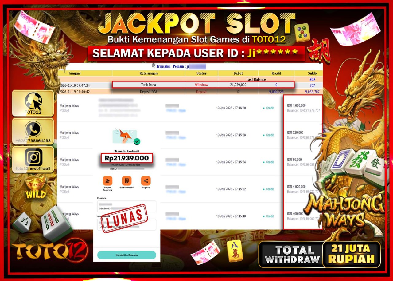 HANYA DI TOTO12 JP PASTI DI BAYAR LUNAS DAN CEPAT!!!!!! JACKPOT SLOT GAME (MAHJONG WAYS) Rp.21.939.000 !!!!