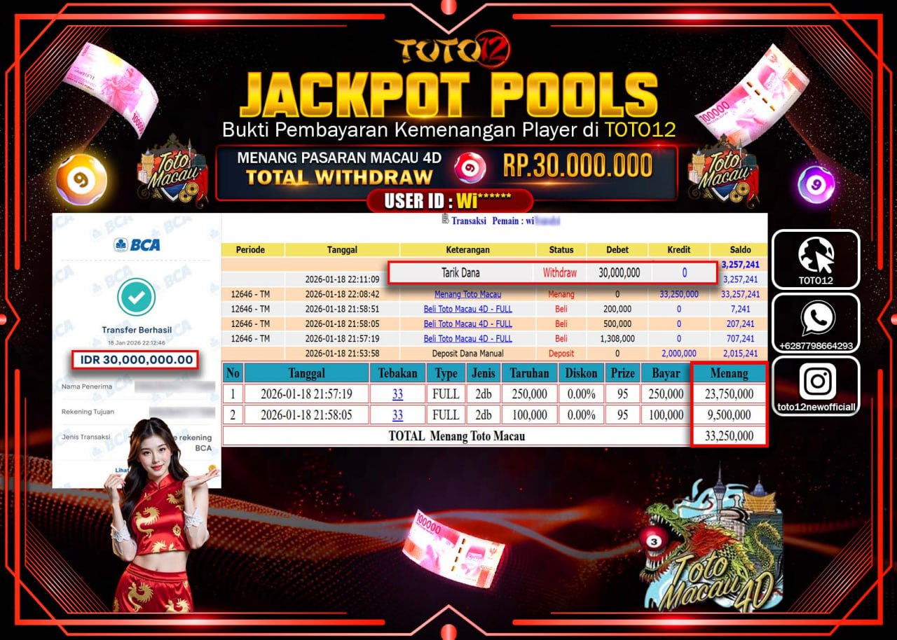 HANYA DI TOTO12 JP PASTI DI BAYAR LUNAS DAN CEPAT!!!!!! JACKPOT POOLS PASARAN (MACAU 4D) Rp.30.000.000 !!!!