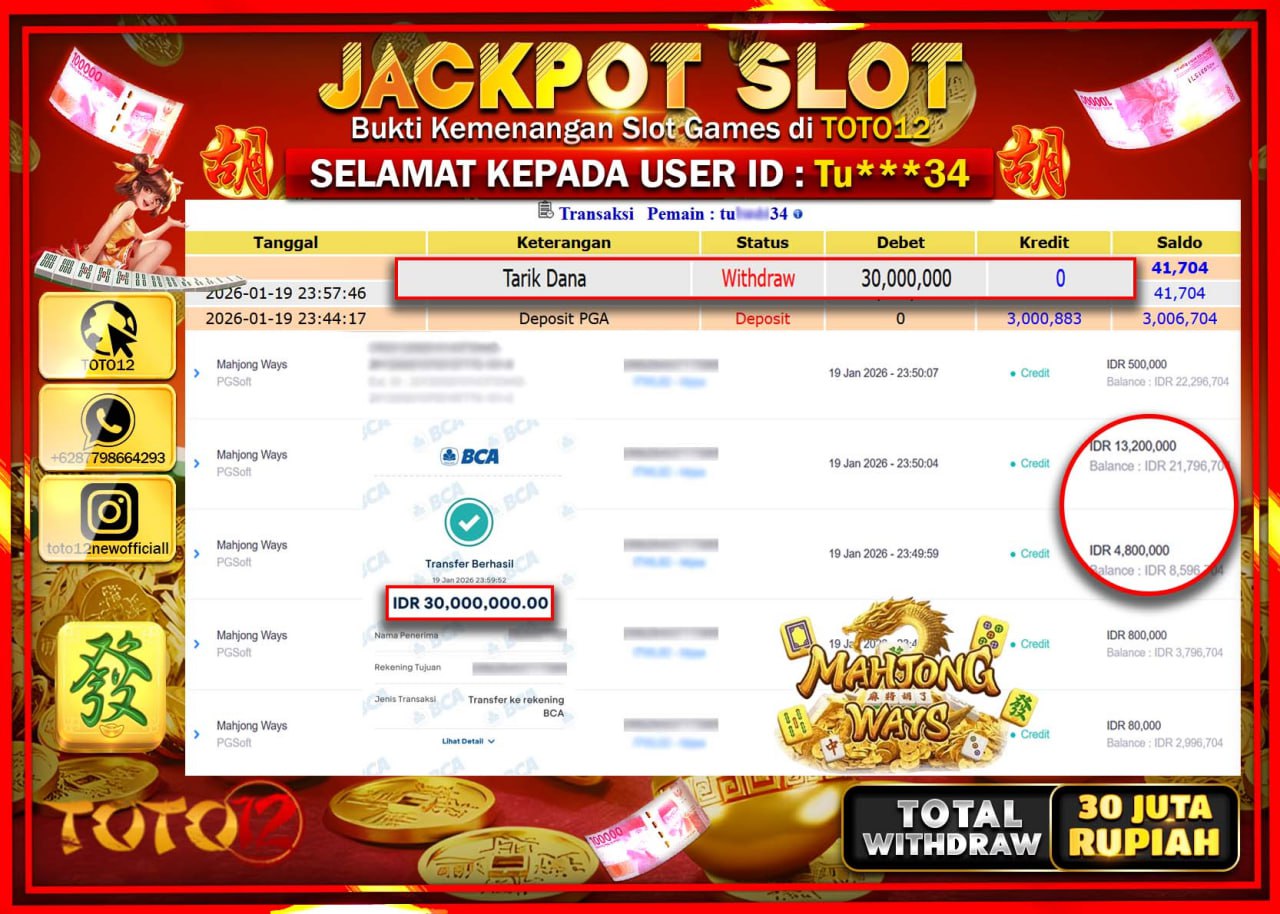 HANYA DI TOTO12 JP PASTI DI BAYAR LUNAS DAN CEPAT!!!!!! JACKPOT SLOT GAME (MAHJONG WAYS) Rp.30.000.000 !!!!