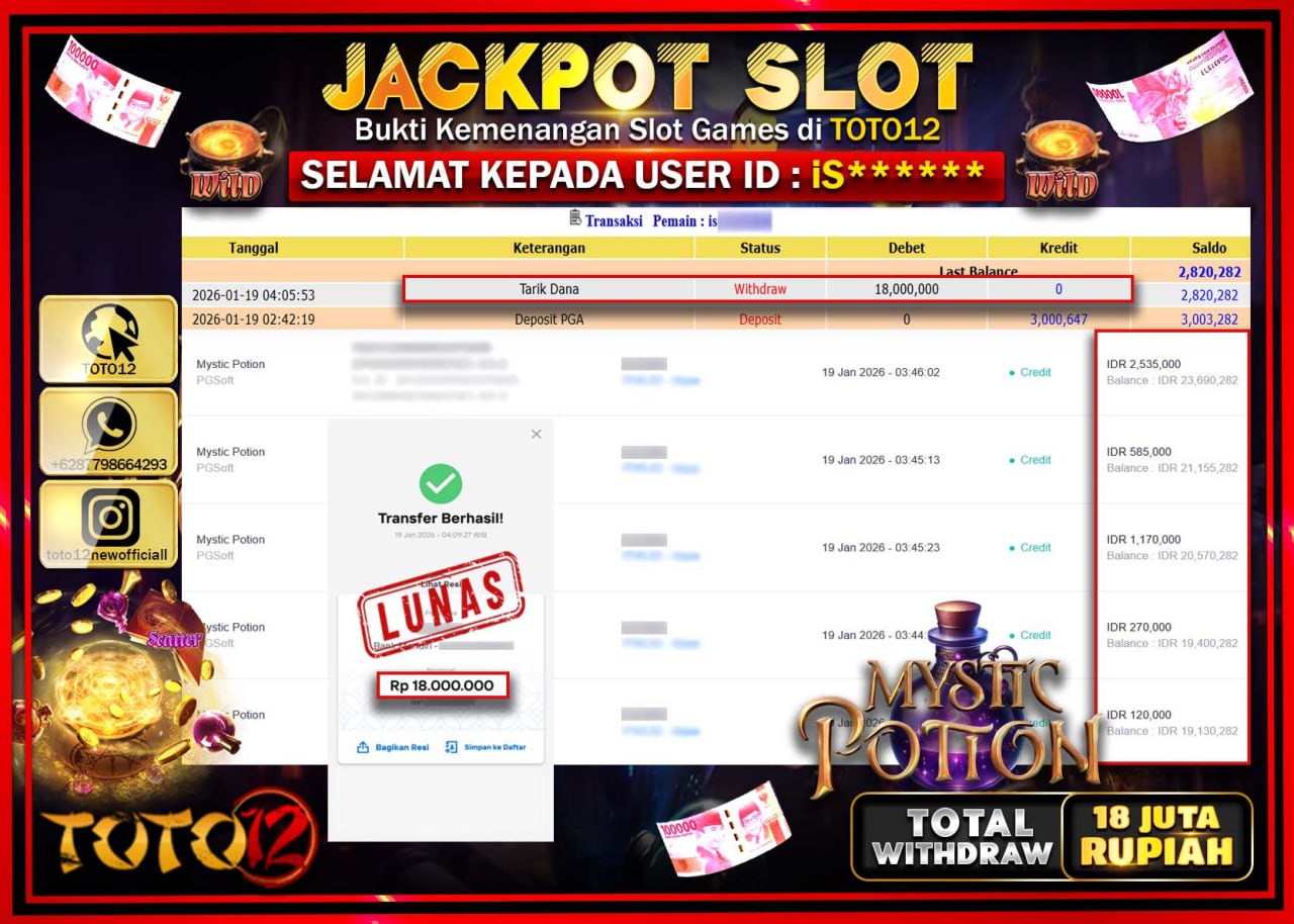 HANYA DI TOTO12 JP PASTI DI BAYAR LUNAS DAN CEPAT!!!!!! JACKPOT SLOT GAME (MYSTIC POTION) Rp.18.000.000 !!!!