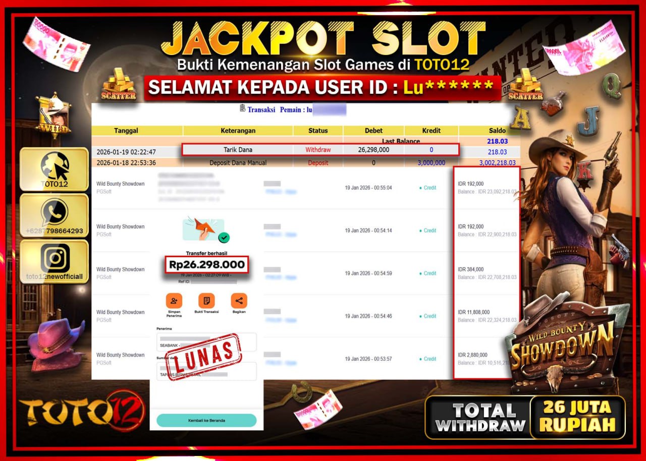 HANYA DI TOTO12 JP PASTI DI BAYAR LUNAS DAN CEPAT!!!!!! JACKPOT SLOT GAME (WILD BOUNTY SHOWDOWN) Rp.26.298.000 !!!!