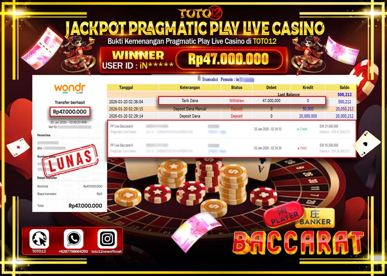 HANYA DI TOTO12 JP PASTI DI BAYAR LUNAS DAN CEPAT!!!!!! JACKPOT PRAGMATIC PLAY LIVE CASINO (BACCARAT A) Rp.47.000.000 !!!!