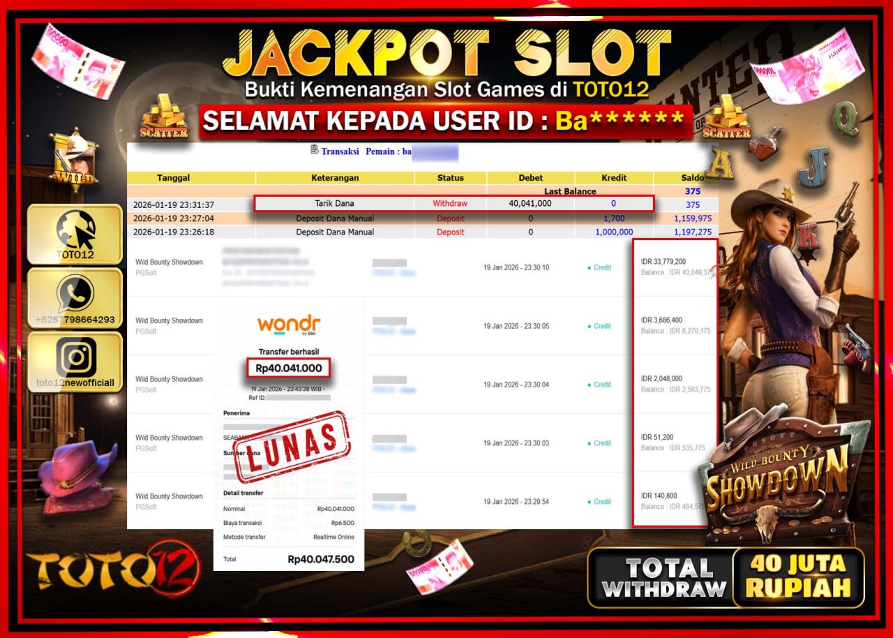HANYA DI TOTO12 JP PASTI DI BAYAR LUNAS DAN CEPAT!!!!!! JACKPOT SLOT GAME (WILD BOUNTY SHOWDOWN) Rp.40.041.000 !!!!
