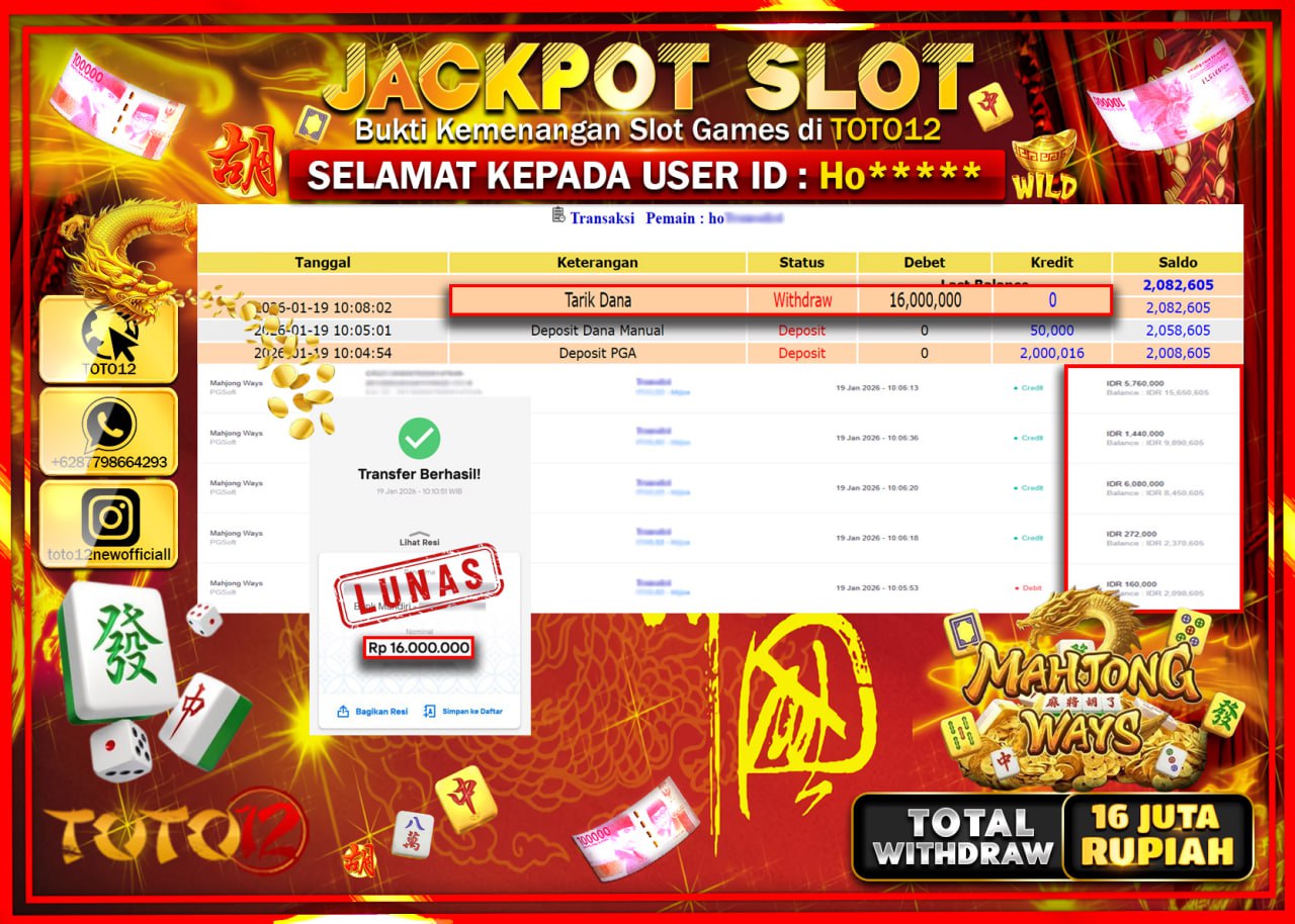 HANYA DI TOTO12 JP PASTI DI BAYAR LUNAS DAN CEPAT!!!!!! JACKPOT SLOT GAME (MAHJONG WAYS) Rp.16.000.000 !!!!
