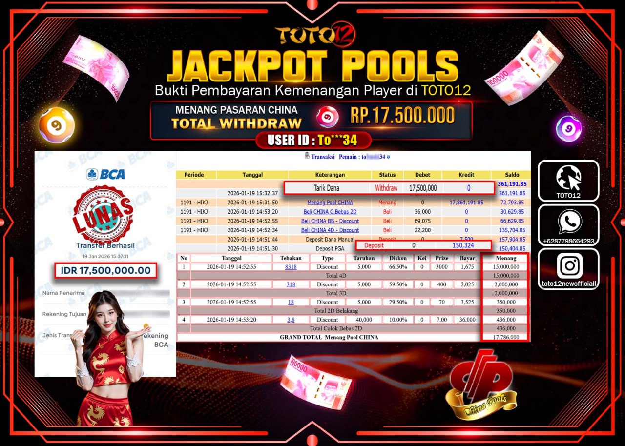 HANYA DI TOTO12 JP PASTI DI BAYAR LUNAS DAN CEPAT!!!!!! JACKPOT POOLS PASARAN (CHINA) Rp.17.500.000 !!!!