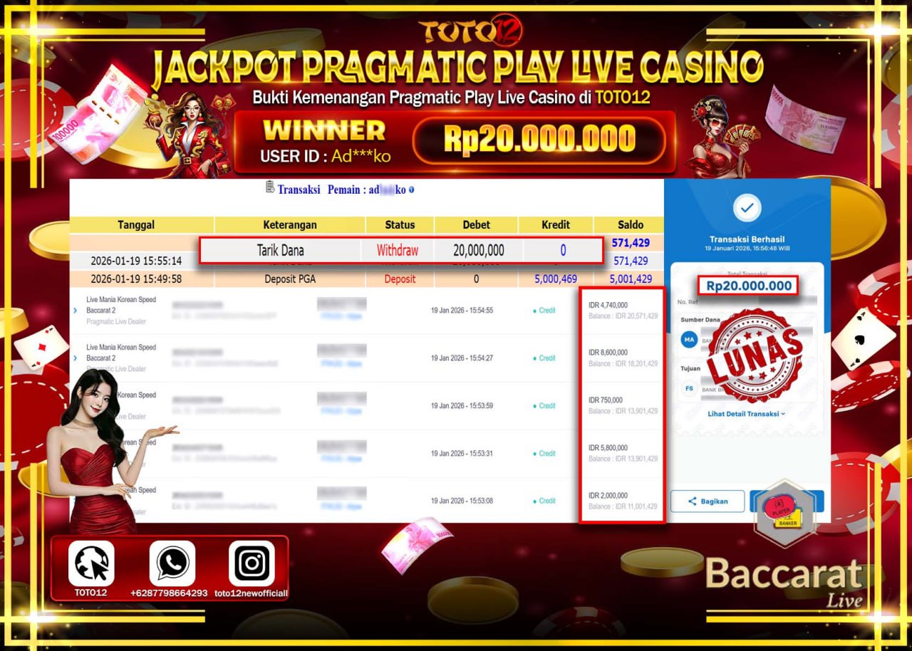HANYA DI TOTO12 JP PASTI DI BAYAR LUNAS DAN CEPAT!!!!!! JACKPOT PRAGMATIC PLAY LIVE CASINO (MANIA KOREAN SPEED BACCARAT 2) Rp.20.000.000 !!!!