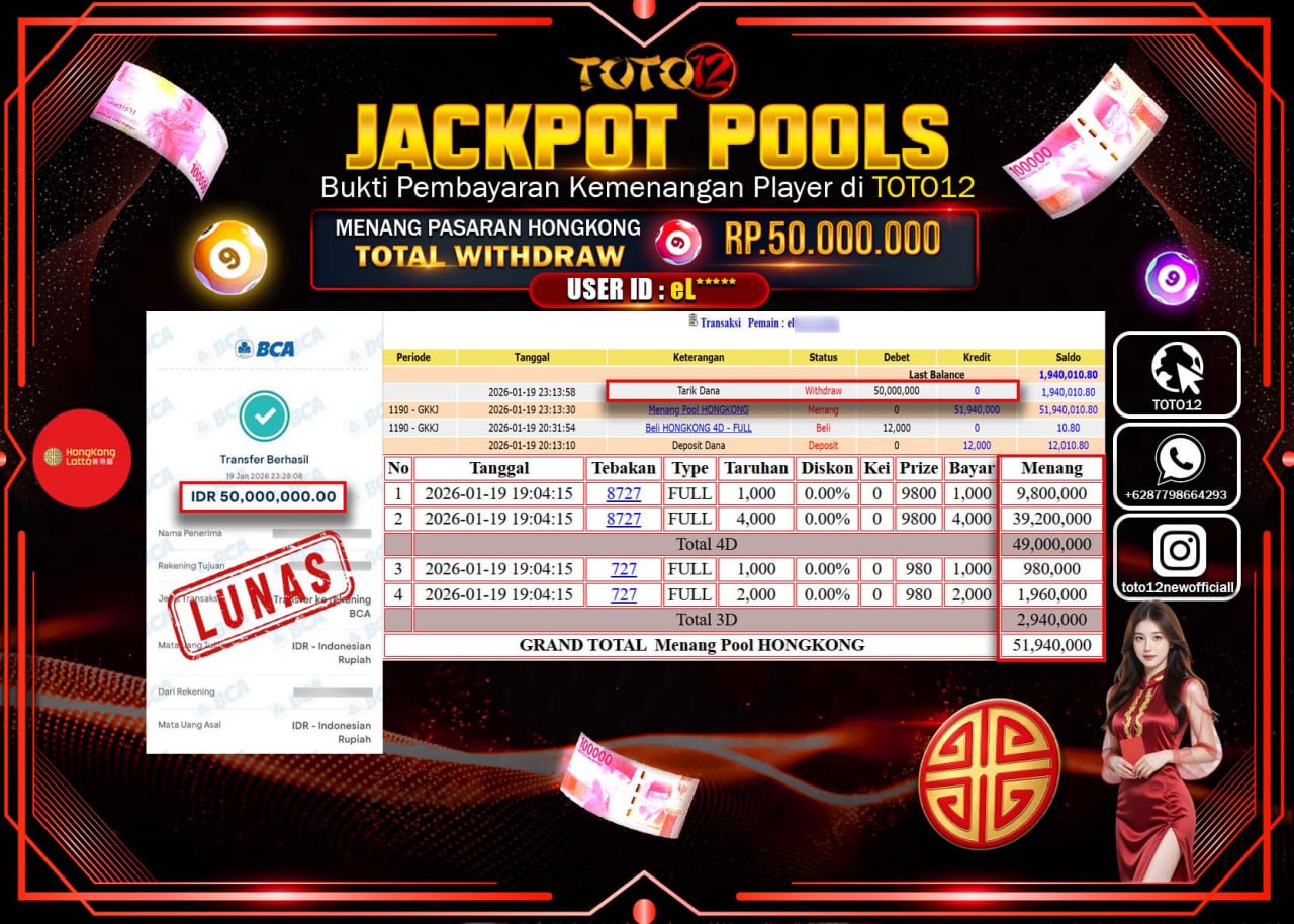 HANYA DI TOTO12 JP PASTI DI BAYAR LUNAS DAN CEPAT!!!!!! JACKPOT POOLS PASARAN (HONGKONG) Rp.50.000.000 !!!!