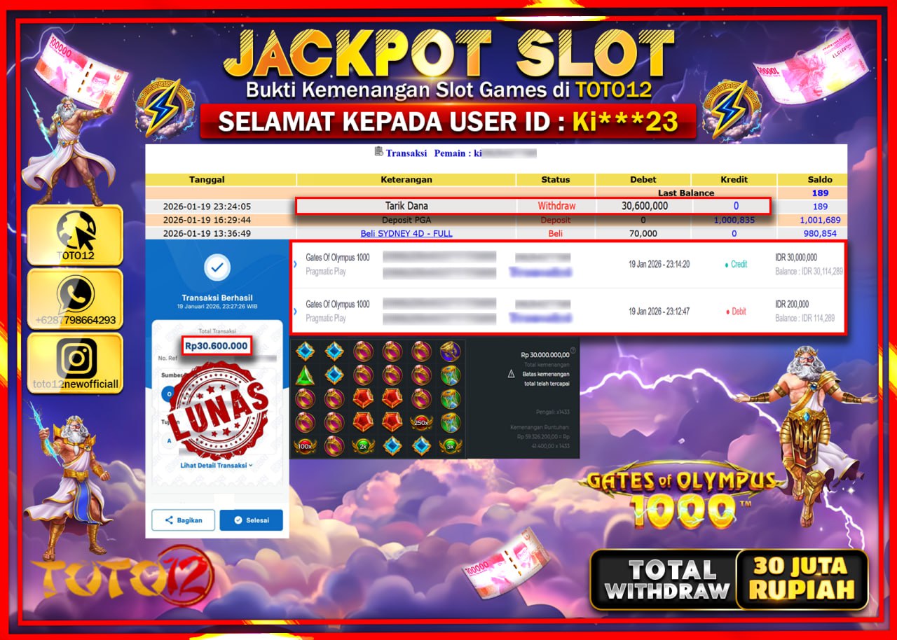 HANYA DI TOTO12 JP PASTI DI BAYAR LUNAS DAN CEPAT!!!!!! JACKPOT SLOT GAME (GATES OF OLYMPUS 1000) Rp.30.600.000 !!!!