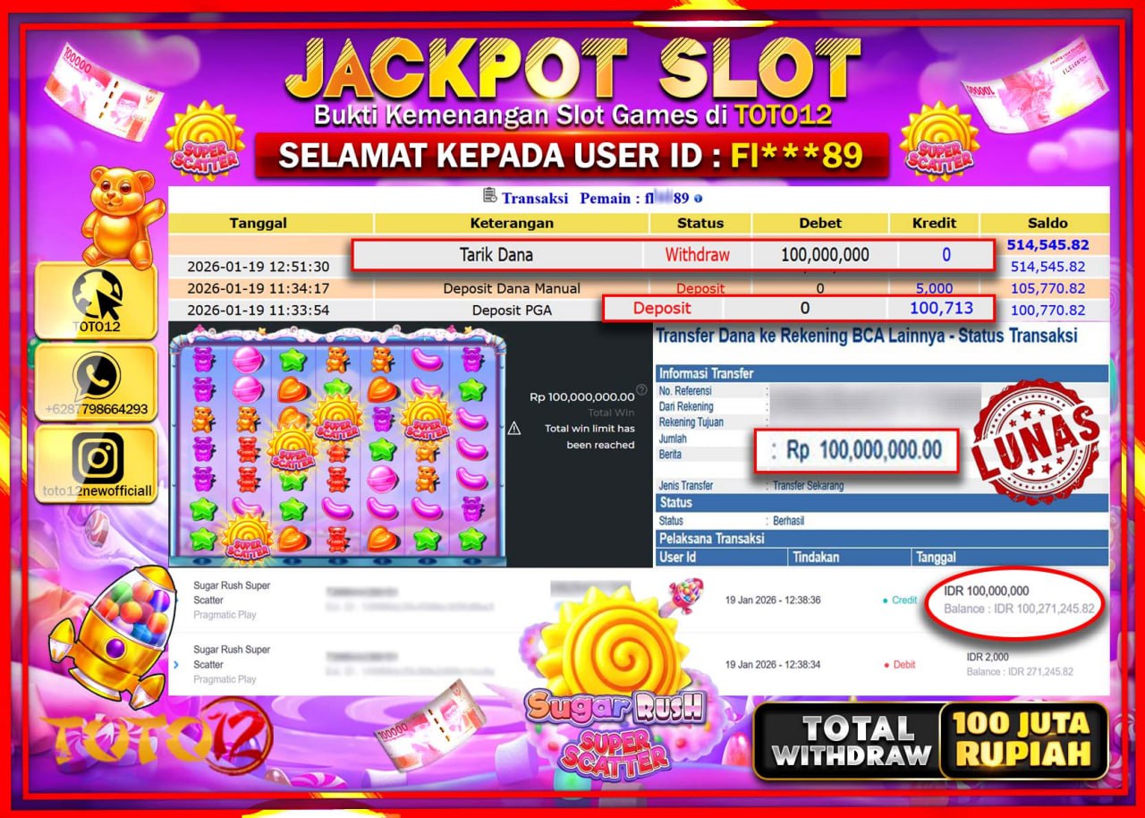 HANYA DI TOTO12 JP PASTI DI BAYAR LUNAS DAN CEPAT!!!!!! JACKPOT SLOT GAME (SUGAR RUSH SUPER SCATTER) Rp.100.000.000 !!!!