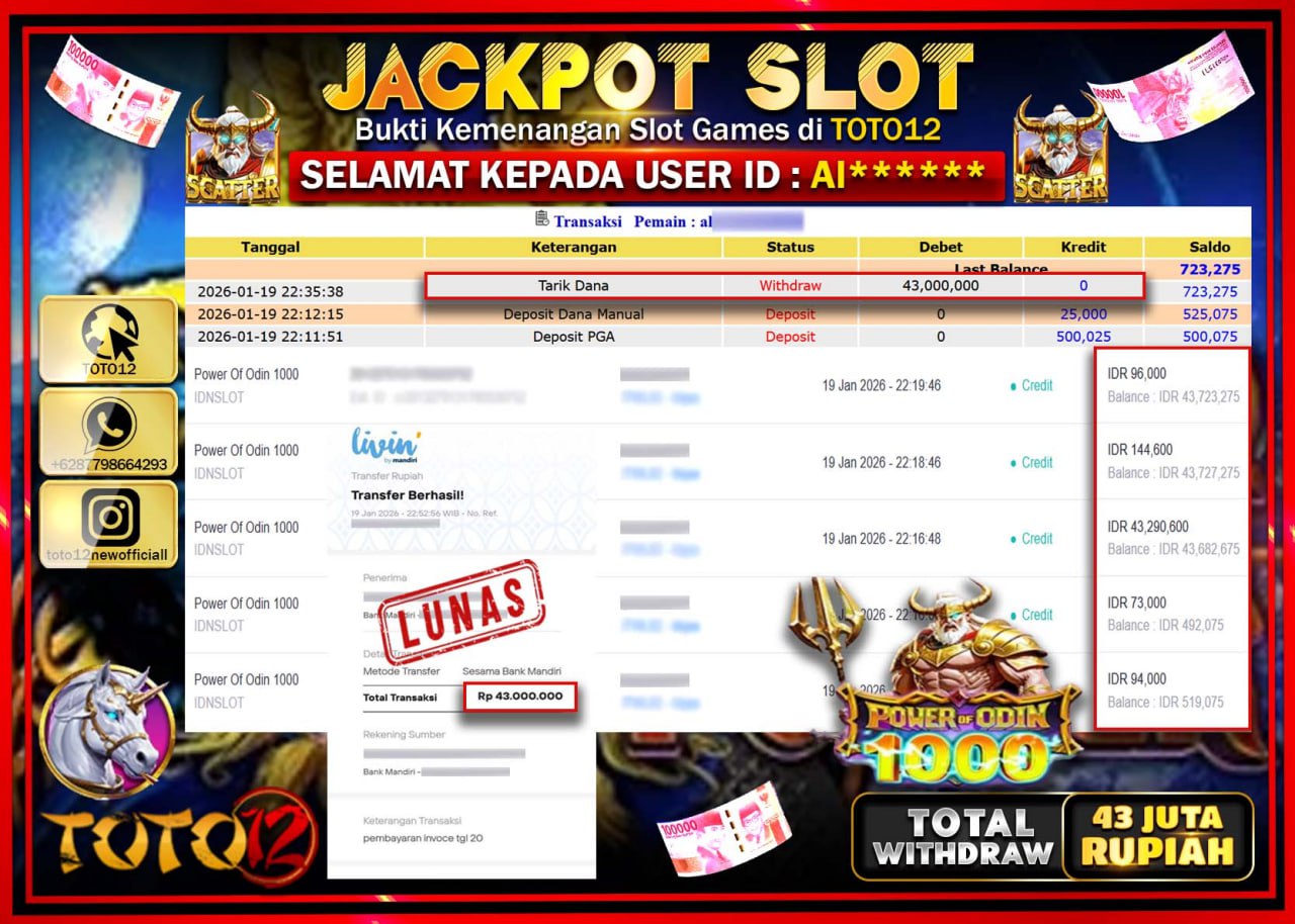 HANYA DI TOTO12 JP PASTI DI BAYAR LUNAS DAN CEPAT!!!!!! JACKPOT SLOT GAME (POWER OF ODIN 1000) Rp.43.000.000 !!!!