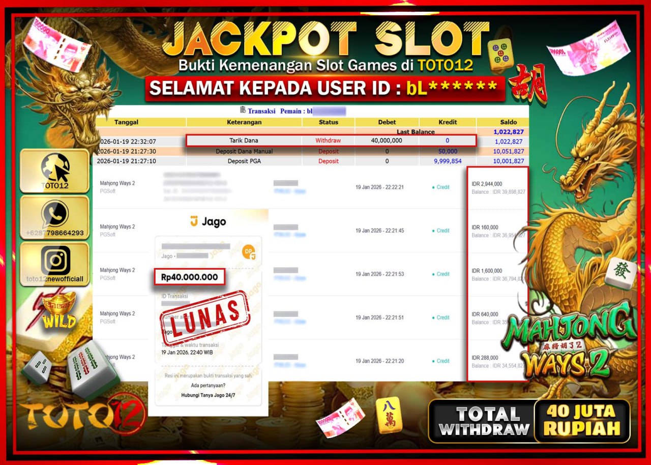 HANYA DI TOTO12 JP PASTI DI BAYAR LUNAS DAN CEPAT!!!!!! JACKPOT SLOT GAME (MAHJONG WAYS 2) Rp.40.000.000 !!!!